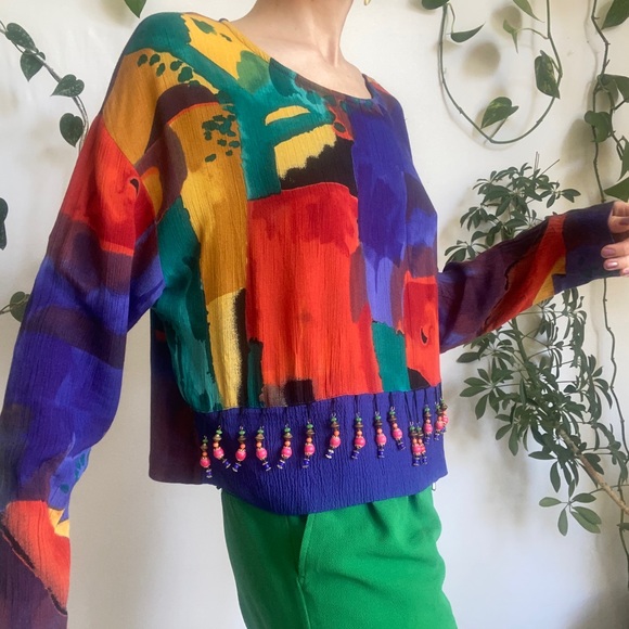Vintage Tops - VINTAGE • Beaded Boho Boxy Blouse California Hippie Bohemian Rainbow Top S/M